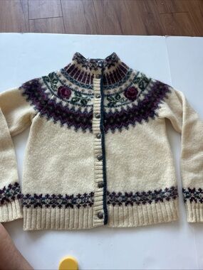 Woolrich Classic Cream Fair Isle Wool Cardigan Sweater
